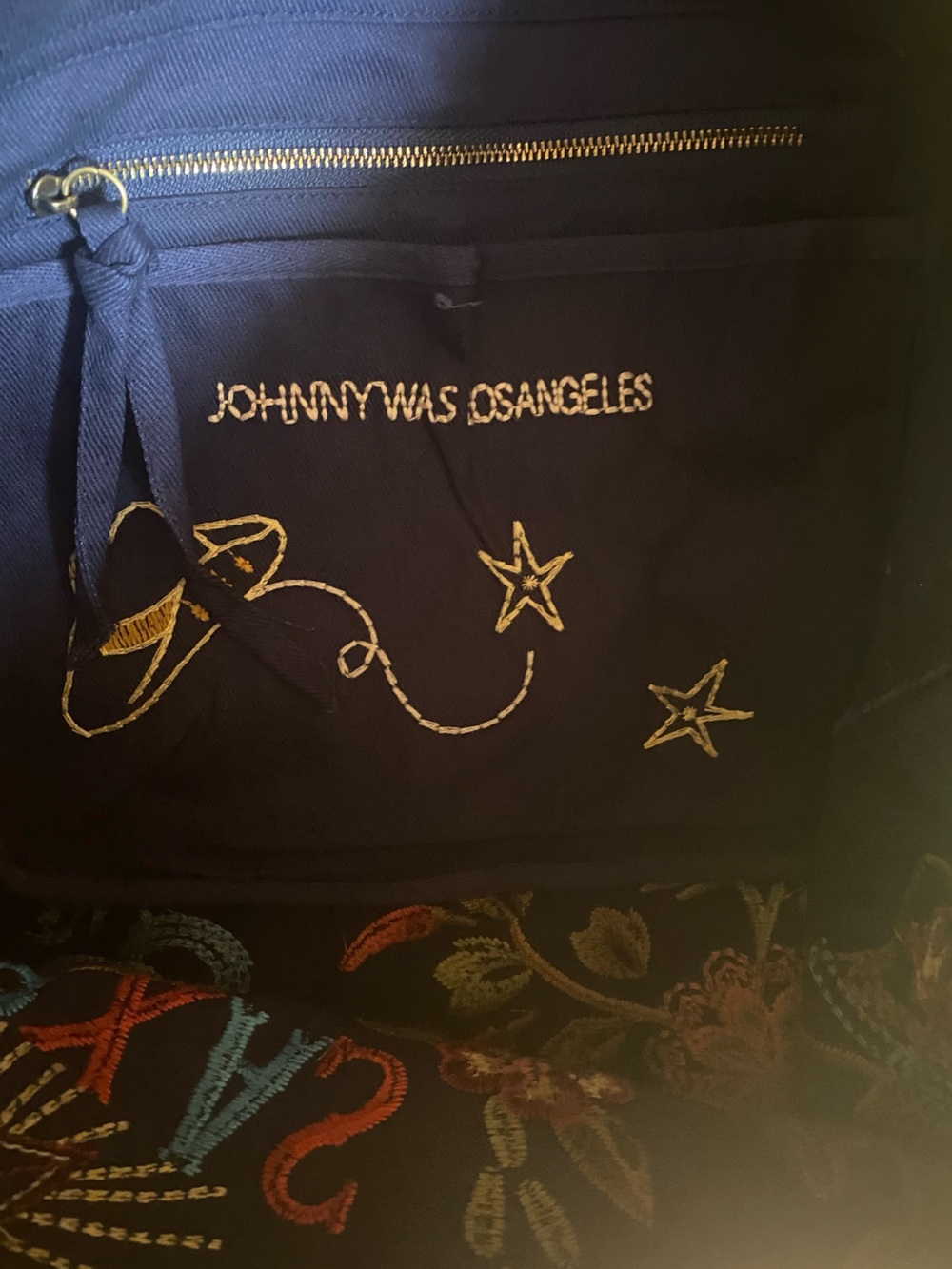 Johnny Was Texas Navy Embroidered Canvas Tote with Multicolor Floral Motif - Picture 9 of 10